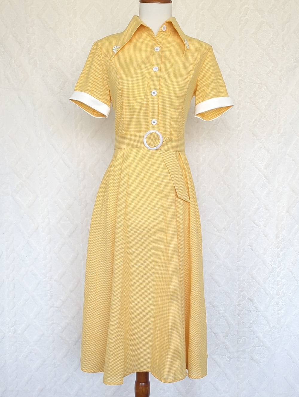 Yellow Short-Sleeve Belted Shirt Dress